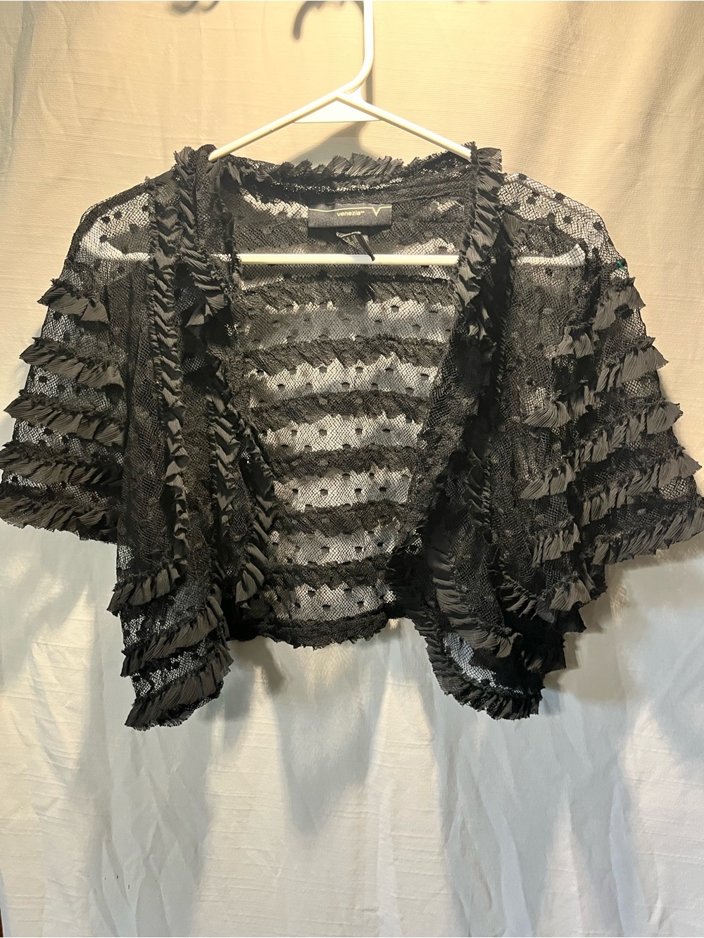 Venezia Black Ruffled Lace Open-Front Shrug